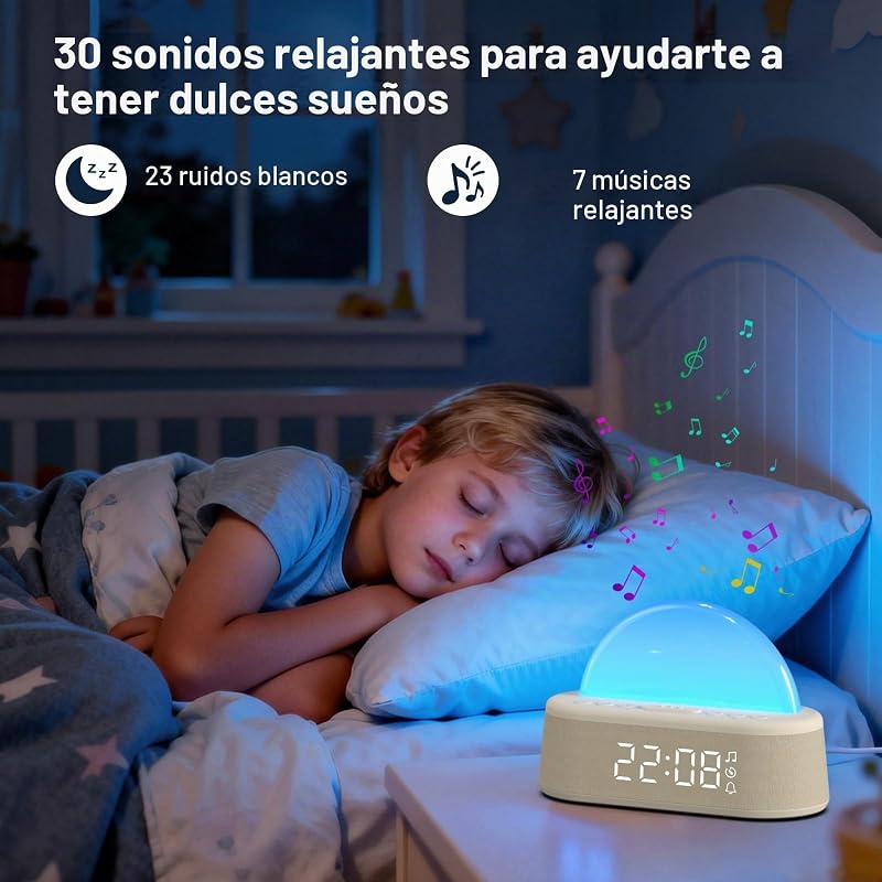 Despertador Amanecer, Despertador Luz Natural Simulación de Amanecer, Despertador Solar, Wake Up Light con Función Alarma y Snooze, 30 Ruido Blanco, 20 Niveles Brillo, 8 Modos de Luz, Temporizador