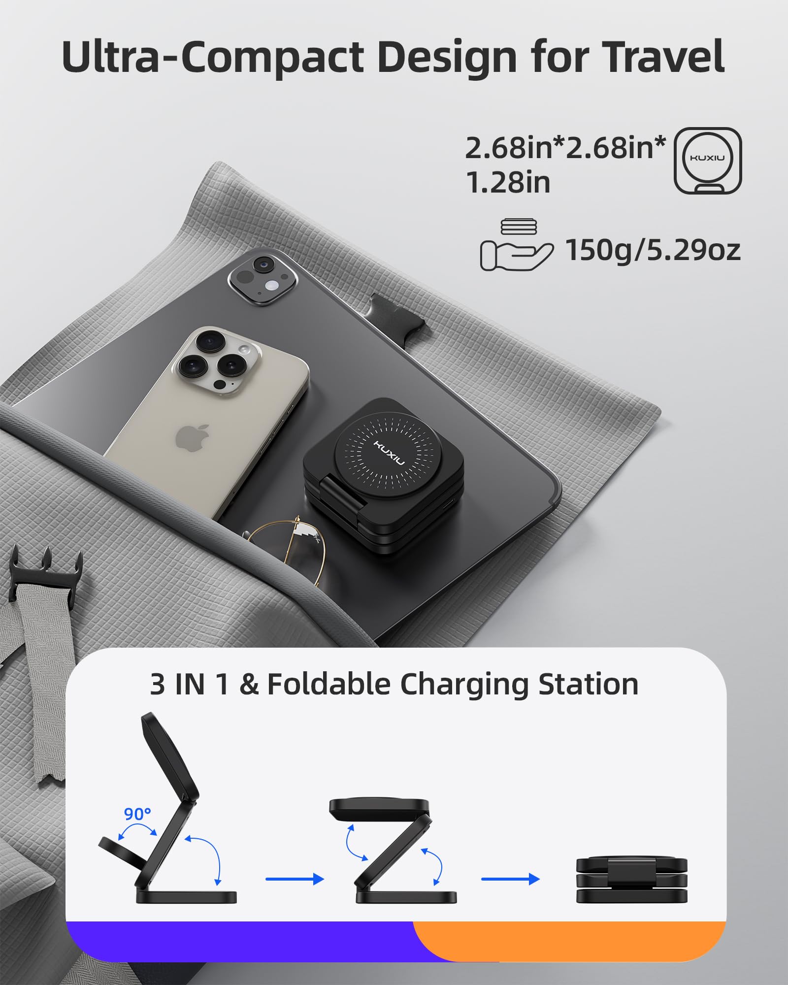 KU XIU X55 Turbo Qi2.2 25W Ladestation für Magsafe, Faltbar 3 in 1 Ladestation für Apple Watch und iPhone 17-12 & AirPods, Magnetisches Ladegerät Ständer Reise Wireless Charger, 45W Adapter, Schwarz 5