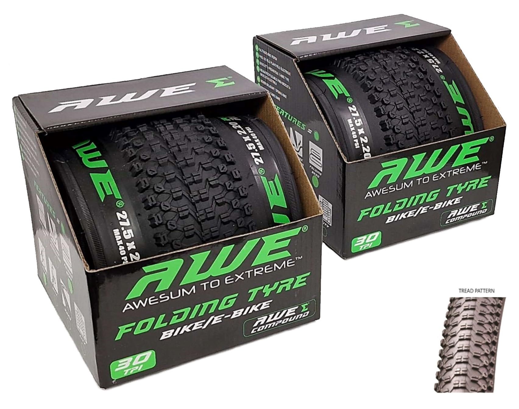 2 x AWE® AWERide Bike/E-Bike Folding Tyres 27.5" x 2.20 cm MTB Tyre 30 TPI