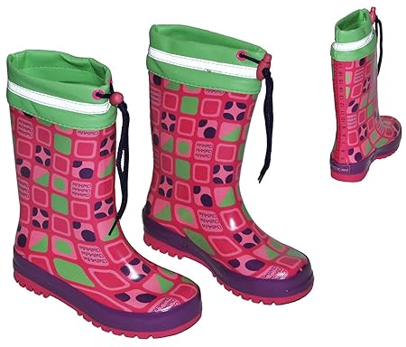 Unbekannt Gummistiefel Punke Karo Pink Bunt - mit Reflektor + zum Schnüren - Größe 21 - für für Kinder Mädchen - Naturkautschuk - gepunktet Punkt rosa grün