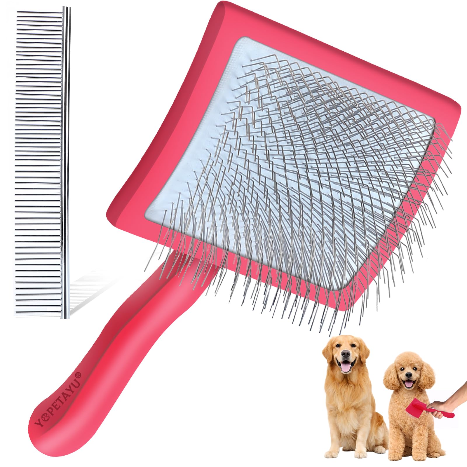 YOPETAYU Large Long Pin Slicker Brush for Poodles, Goldendoodles & Long Haired Dogs - 25mm Pins Professional Grooming Tool with Wooden Handle for Thick Curly Coats, Mats & Undercoat - Red