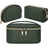 KTMOUW Makeup Bag 3 Pcs Waterproof Cosmetic Bag Set Portable Travel Cosmetic Bag Multifunction Organizer Storage Bag Weave Toiletry Bag for Women, Deep Green