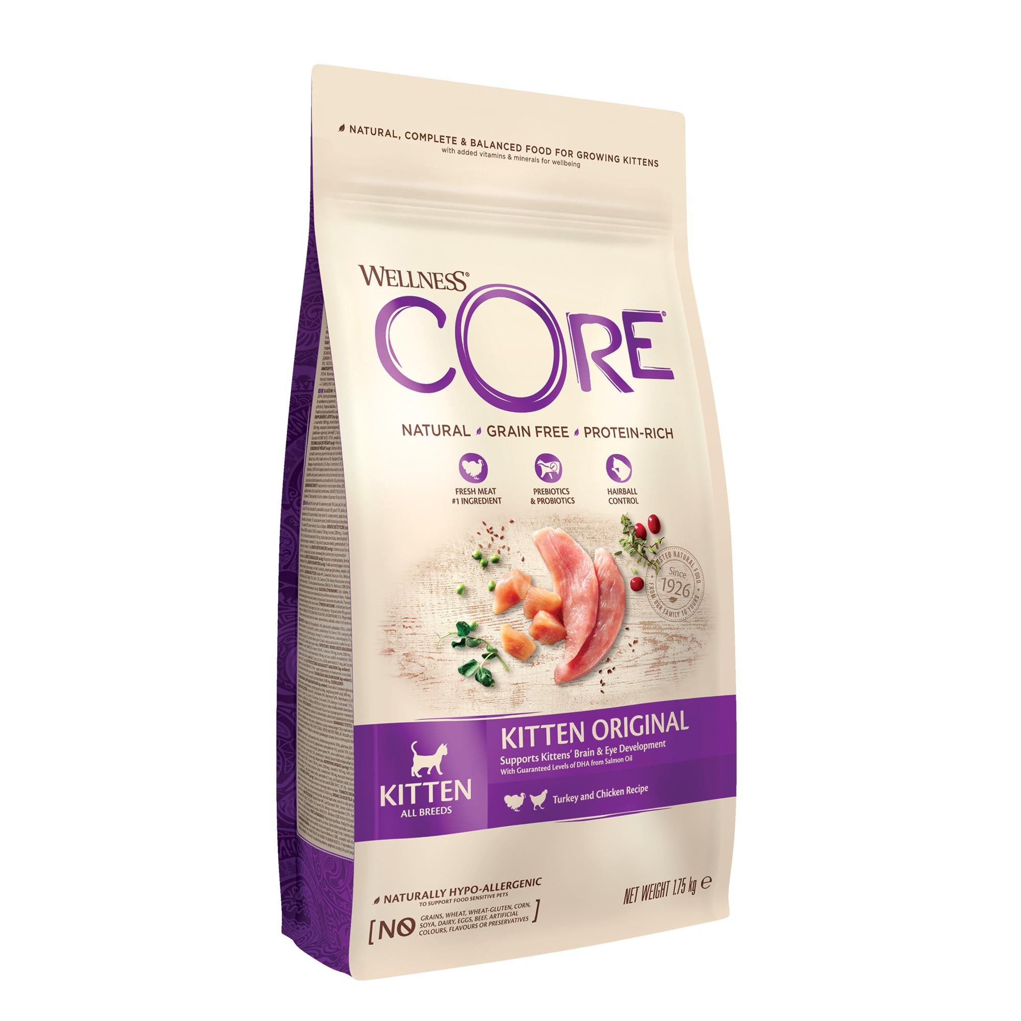 Wellness CORE Kitten 1.75 kg, Turkey & Chicken – Dry Cat Food for Kittens, Grain-Free, Natural, Hypoallergenic, Protein-Rich, High Meat Content, Supports Brain & Eye Development