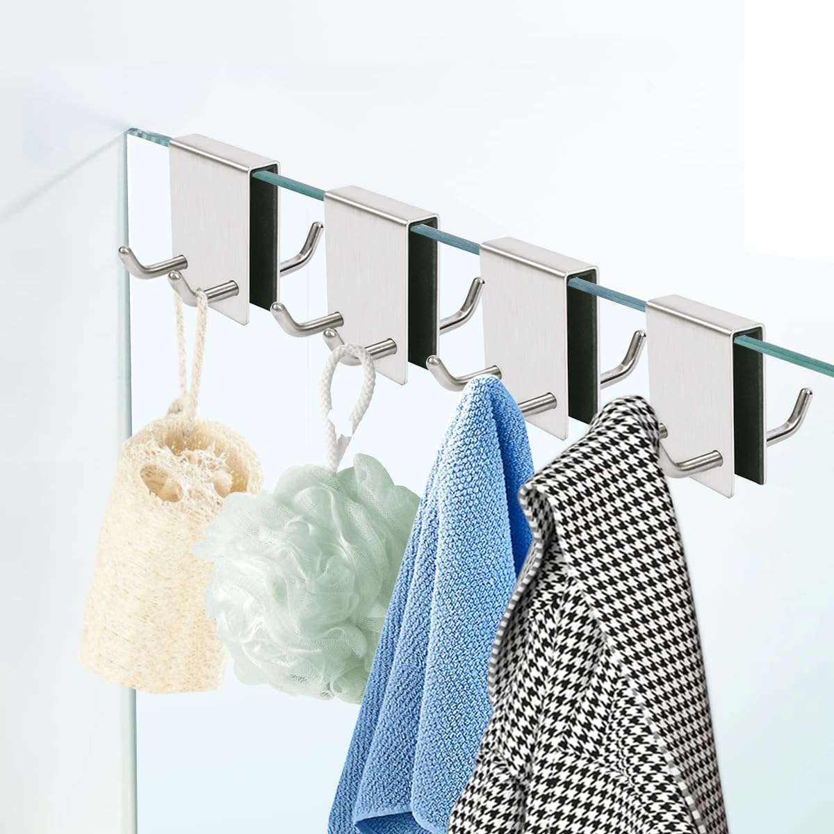 Photo 1 of EAEDMY Shower Door Hooks, Over Glass Shower Towel Hooks for Bathroom, Suit for Frameless Glass Shower Door 0.43in (<11mm), Stainless Steel, Drilling-Free, 2 Pack (4Pack Silvery)