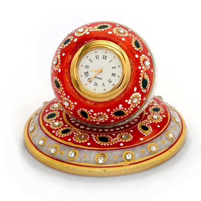 Little India Beautiful Golden Meenakari Work Marble Table Clock (White