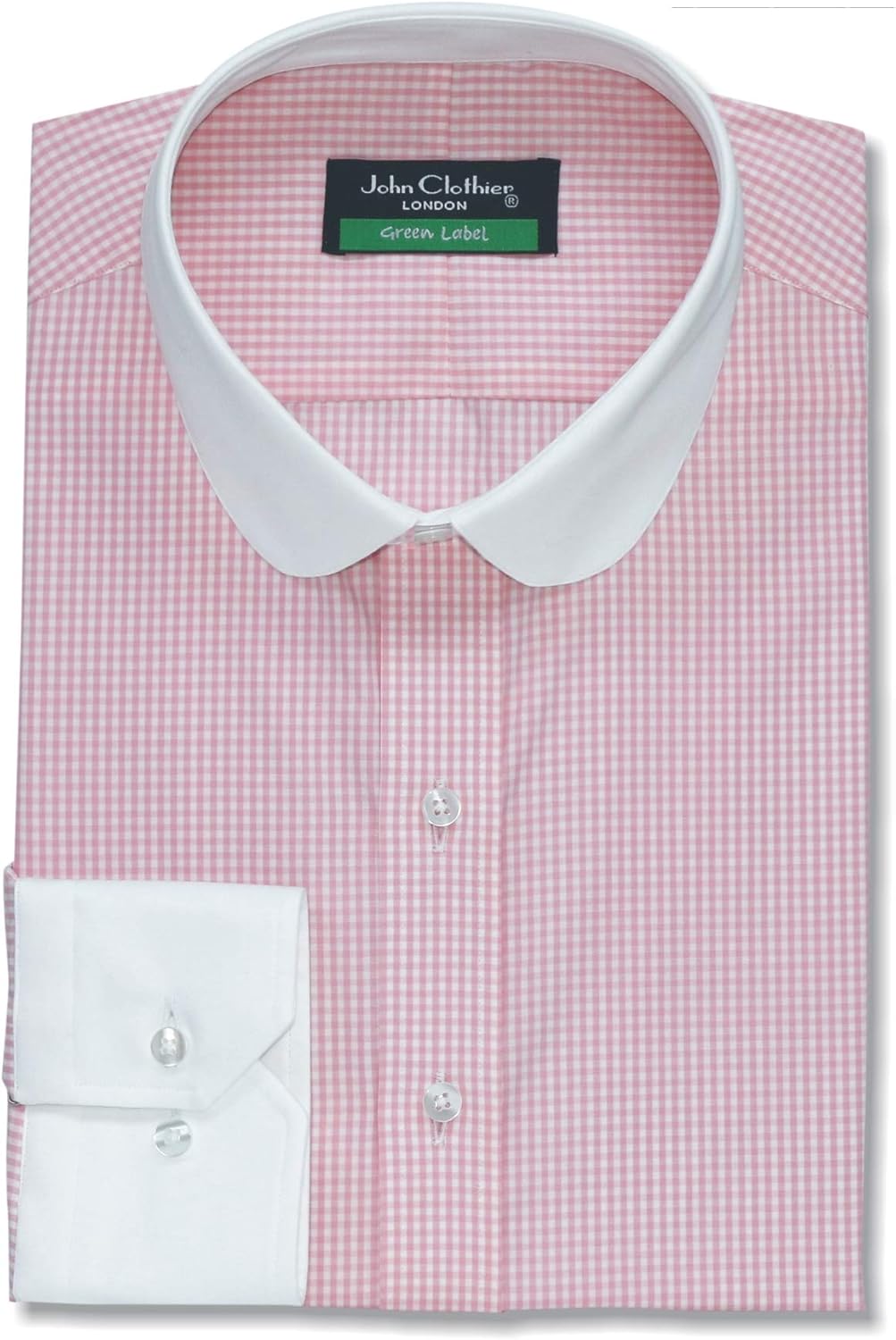 pink dress shirt with white collar and cuffs