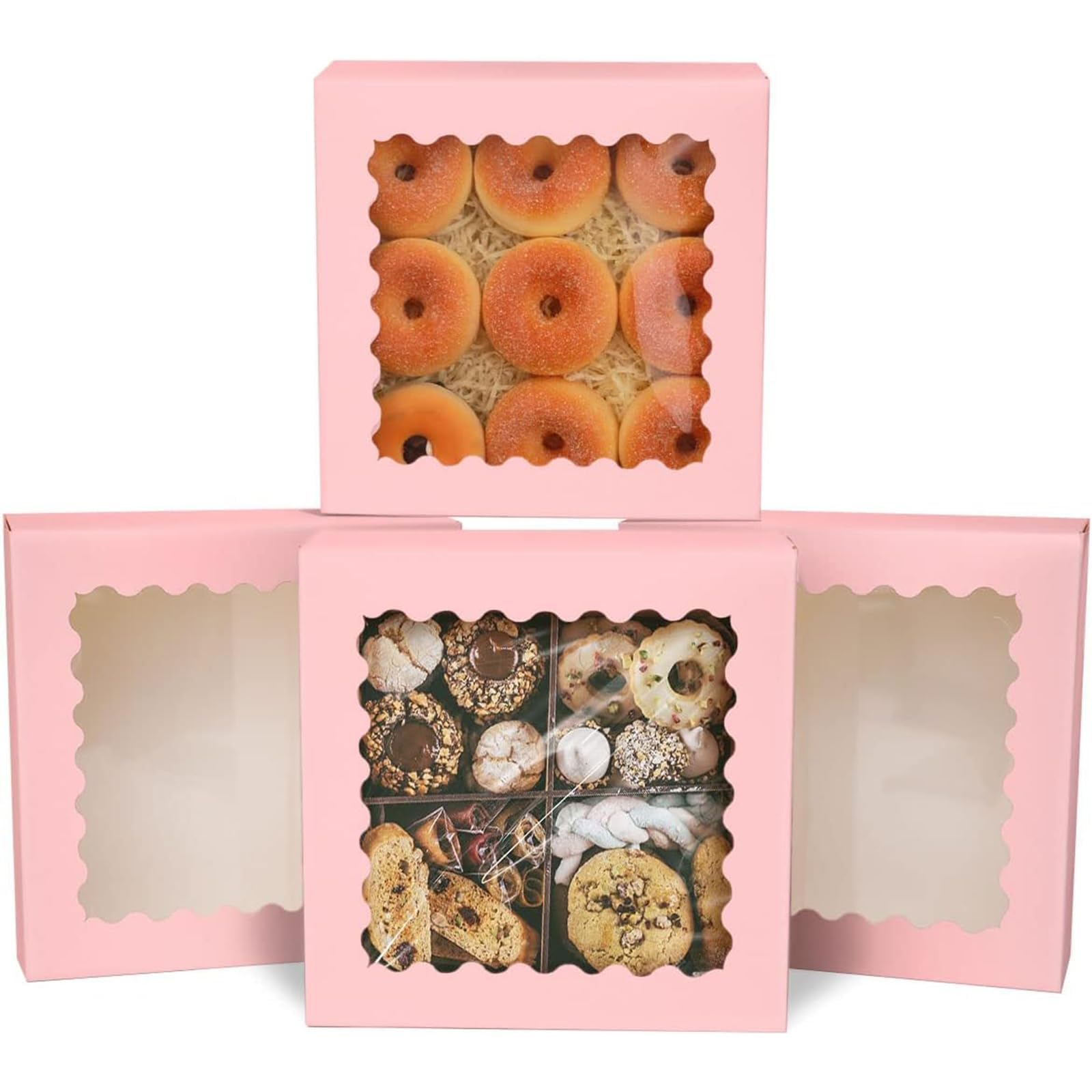 Gcardist Auto-pop Up Pink 20.3x20.3x6.4cm 12Pcs Cookie Box with Window Pastry Macaron Bakery Box For Packaging (8x8x2.5 inch)