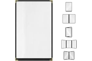 ACI SUPER POWER Goodsmart Restaurant Menu Covers – 25 Pack Black 2-View, Top-Loading Menu Holders, Vinyl & Plastic Café Menu Covers, Clear Menu Sleeves, Fits 8.5" x 14", Leather-Style Design, Gold Corners