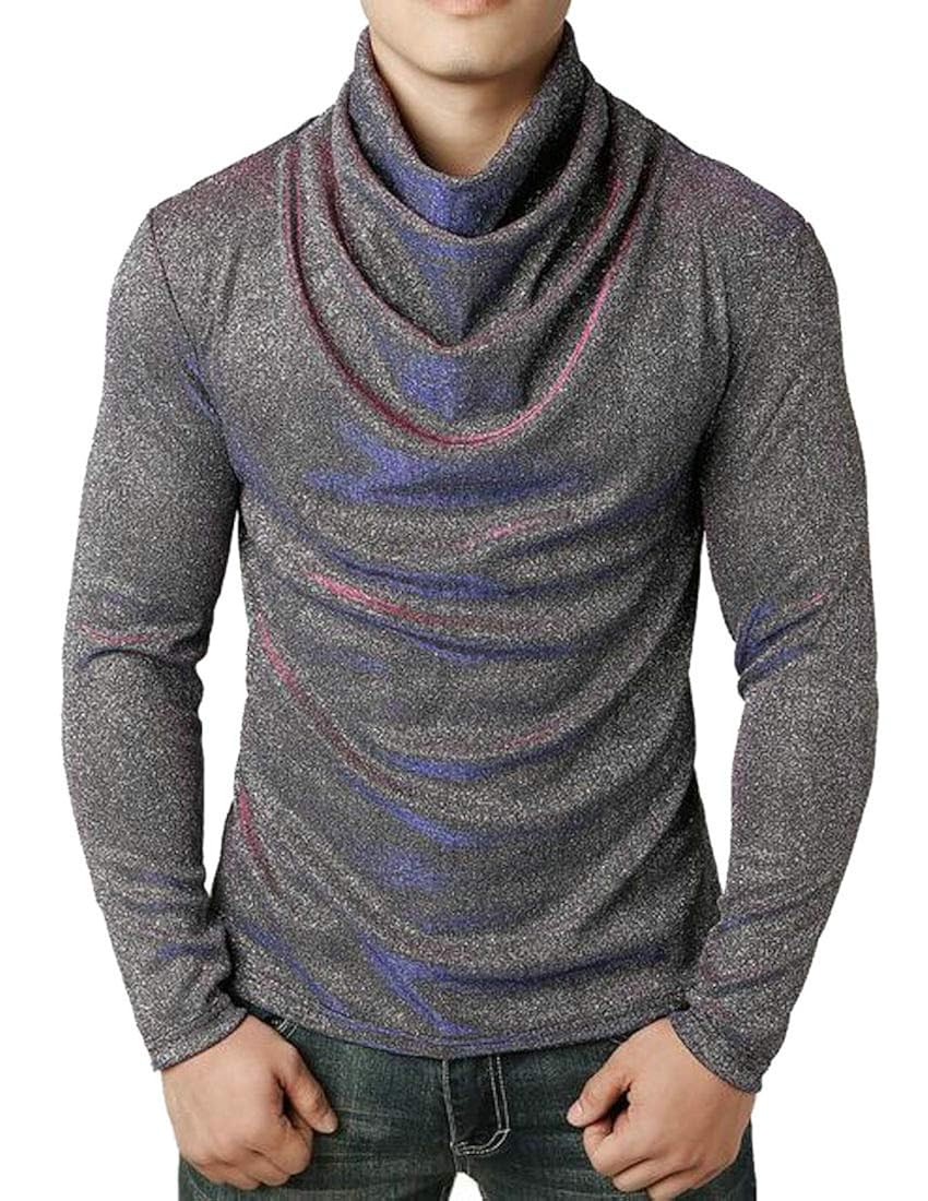 Sweatwater Men Long Sleeve Shiny Stylish Pullover Cowl Neck Clubwear Tops T-Shirt