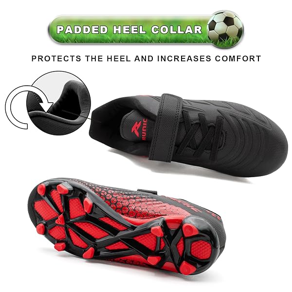 RUNIC KIDS SOCCER CLEATS FOR BOYS AND GIRLS – SMALL AND BIG KID ATHLETIC OUTDOOR FOOTBALL SHOES – FIRM GROUND – HOOK AND LOOP CLOSURE – BLACK/RED – 1
