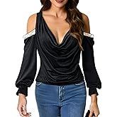 winkbay Women's Sequin Cold Shoulder T Shirt Cowl Neck Long Sleeve Sparkly Going Out Tops
