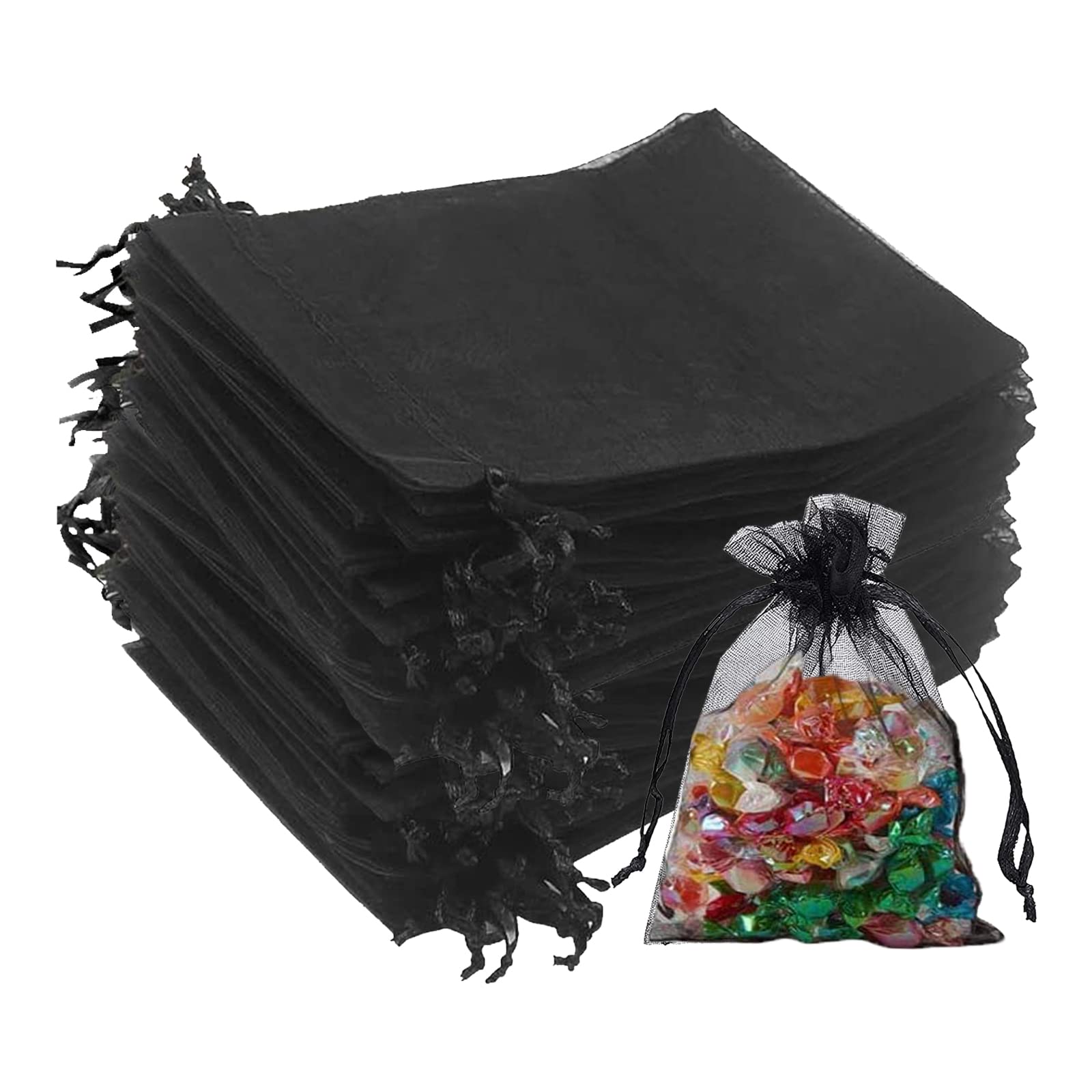 100Pcs Black Organza Gift Bags, 10x12cm Mesh Jewelry Pouches, Jewelry Gift Bags, Wedding Favor Bags with Drawstring for Wedding Christmas Birthday Anniversary(Black)