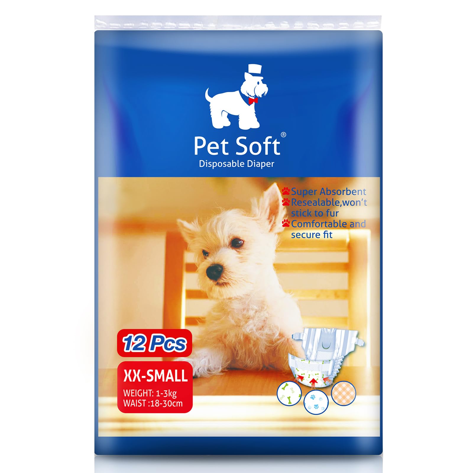 Pet Soft Disposable Dog Puppy Nappies Female XXS Small 12 Count - Super Absorbent Dog Doggy Cat Diapers