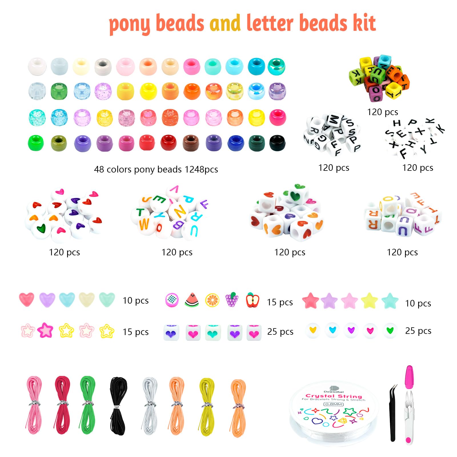 Dowsabel Bracelet Making Kit, Friendship Bracelet Kit 48 Colors Pony Kandi Letter Beads for Jewelry Making, DIY Arts and Crafts Gifts for Girls Age 6-13