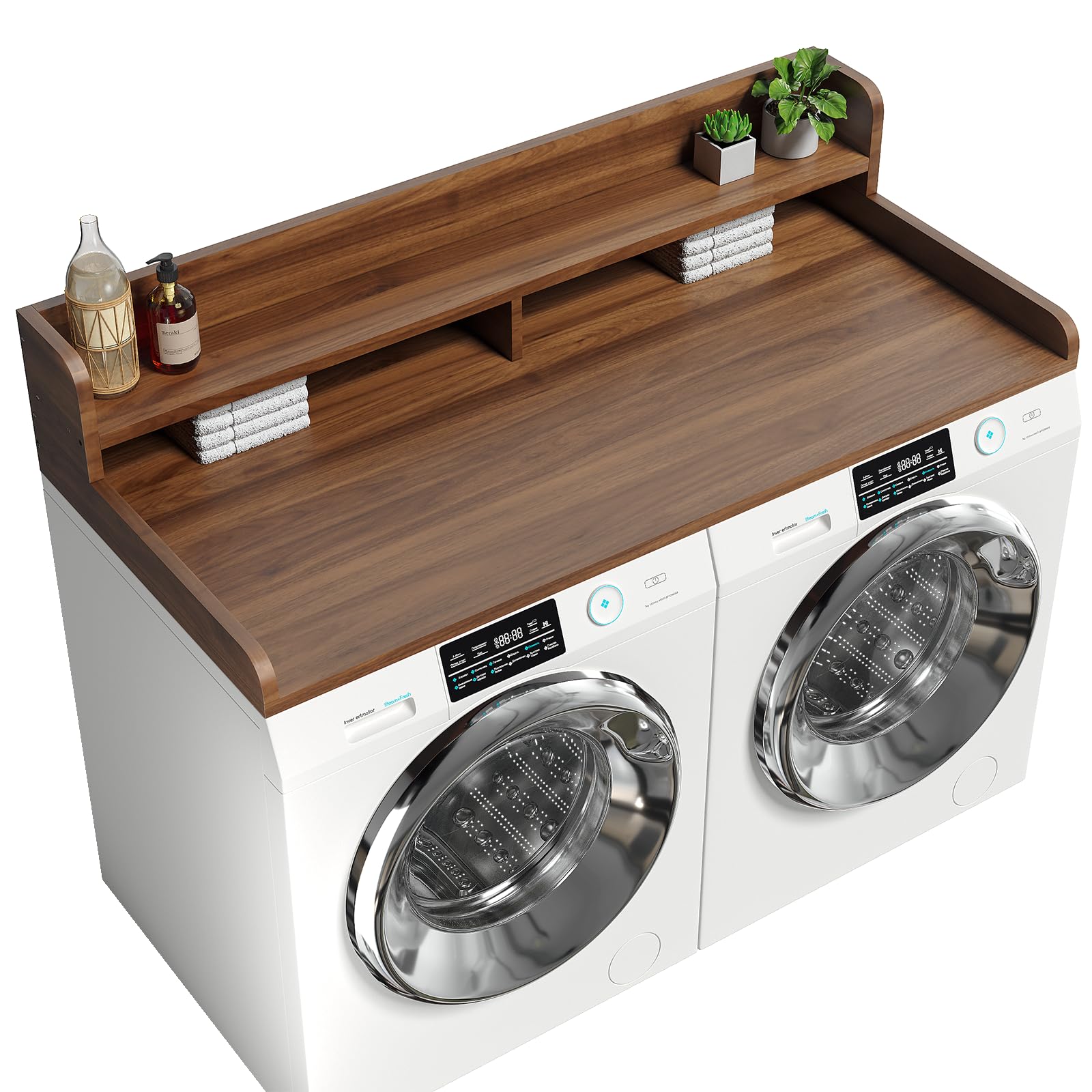 Photo 1 of Corbyles 2-Tier Washer Dryer Countertop with 2.75" H Edge Rails, 58" W x 28" D Laundry Countertop for Folding Clothes, Washer and Dryer Topper with Non-Slip Pad (Dark Walnut)