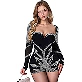 PORRCEY Women's Sexy Elegant Rhinestone Jumpsuit Mesh See Through Romper