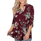Othyroce Womens Floral Printed Tunic Tops 3/4 Roll Sleeve V Neck Blouses Long Sleeve Shirts for Women
