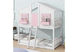 PVWIIK Twin Over Twin House Bunk Beds with Window & Door & Roof for Boys and Girls, Solid Wood Playhouse Bunk Bed w/Window Box & Ladder,Space Saving/Under Bed Space,No Box Spring Needed,Pink/White