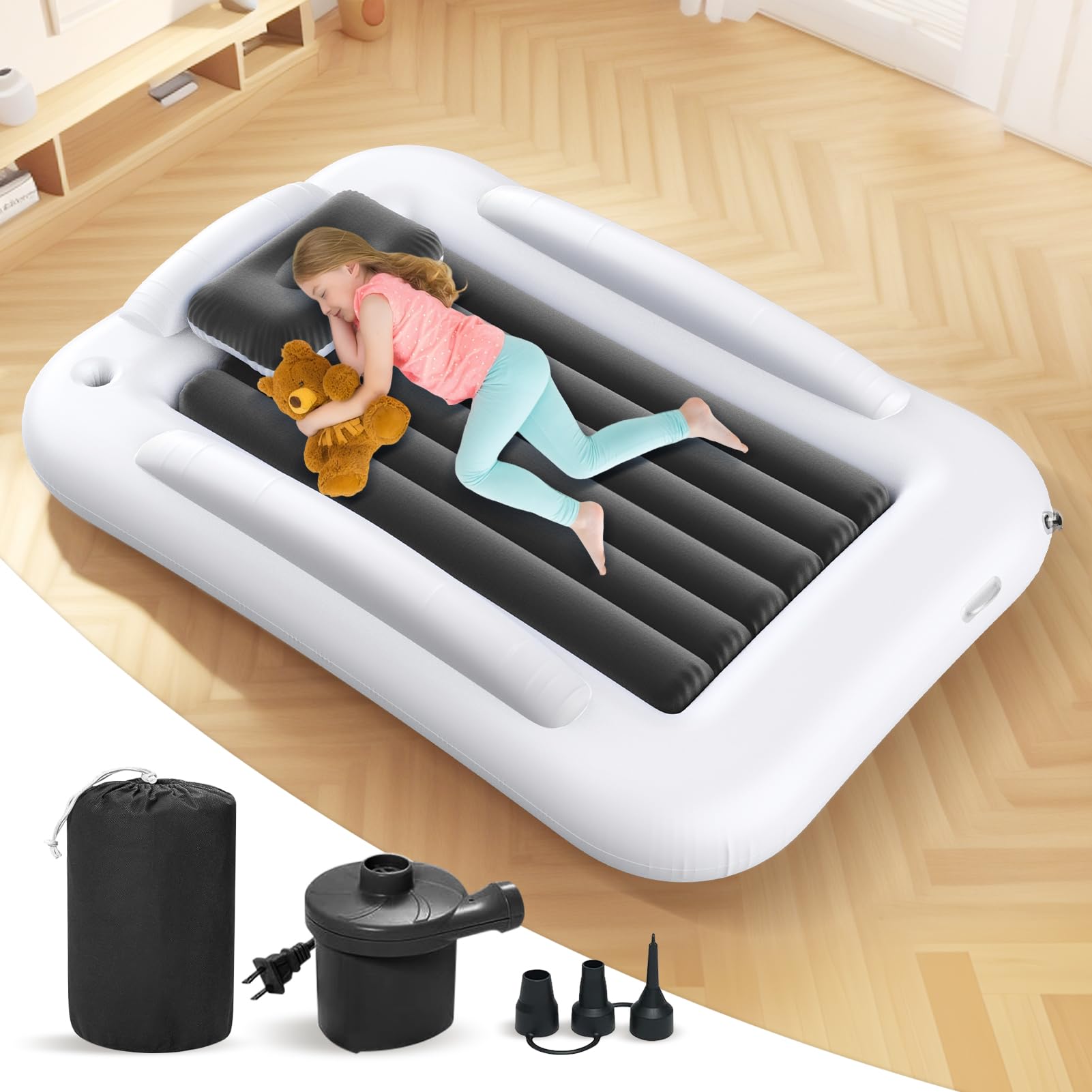 Photo 1 of Deeteck Inflatable Toddler Travel Bed - 60 Inches Portable Toddler Bed for Travel with Safety Sides - Cozy Kids Air Mattress Set with High-Speed Pump & Carry Case - Lightweight & Easy to Inflate -Grey