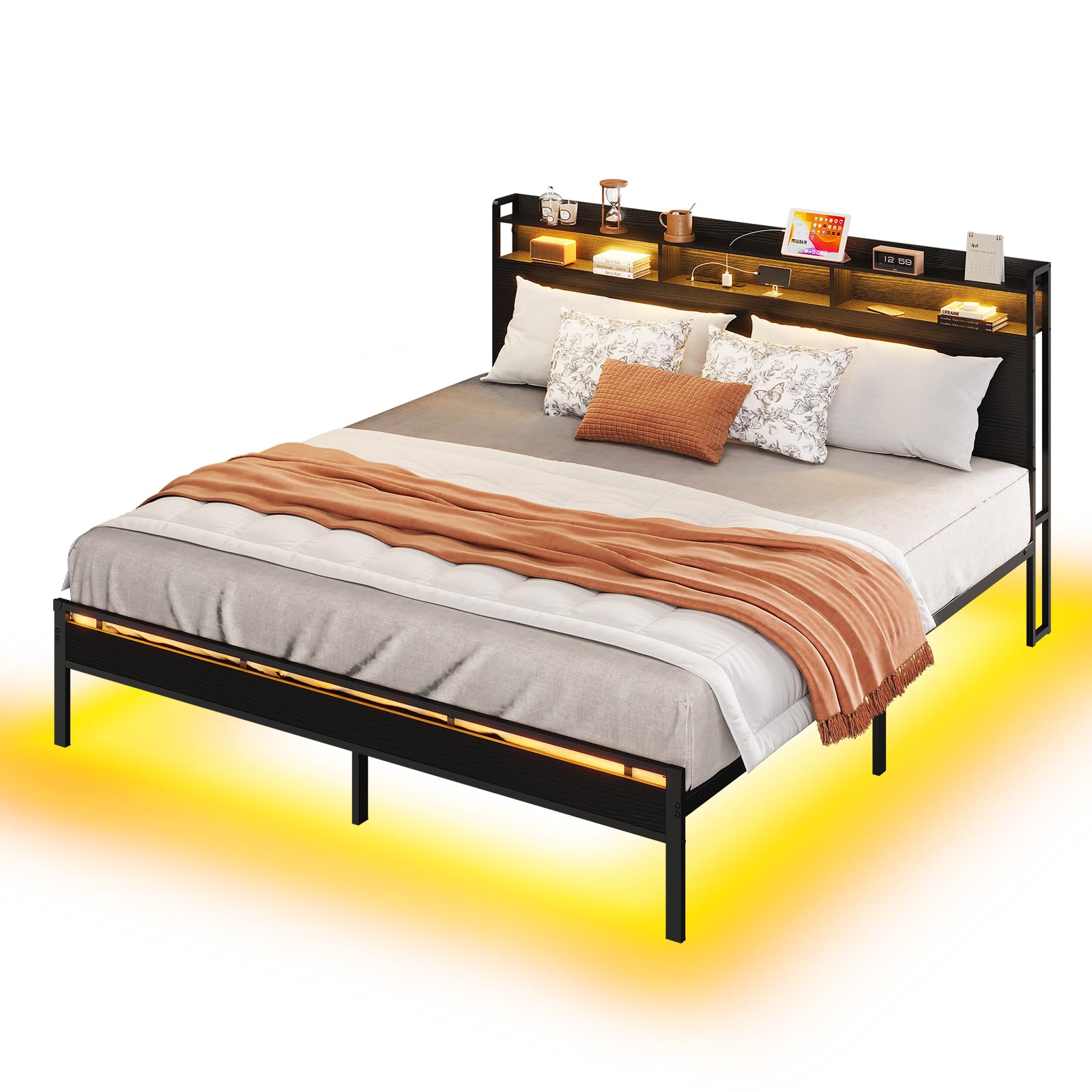 Photo 1 of KKL King Size Bed Frame, RGB LED Strip Light with Charing Station, Led Bed Frame with 2-Tier Storage Headboard, 2 USB & 3 AC, Sturdy and Stable, No Noise, No Box Springs Needed, Black