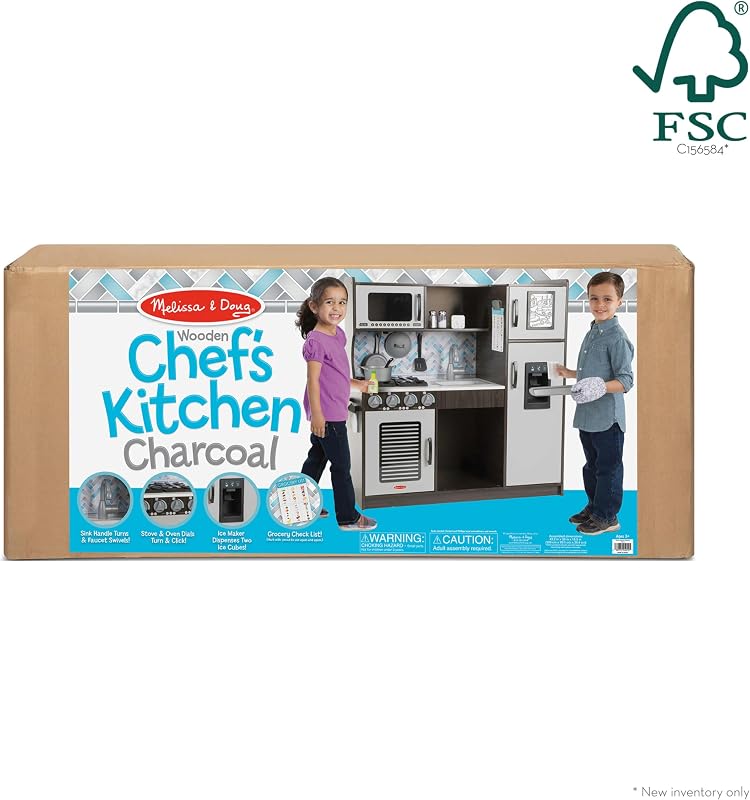 Cuisine-Jouet de Petit Chef en Bois pour Enfants - Gris Anthracite - Distributeur Inclus - Jeu de Cuisine pour Tout-Petits de 3 Ans et Plus