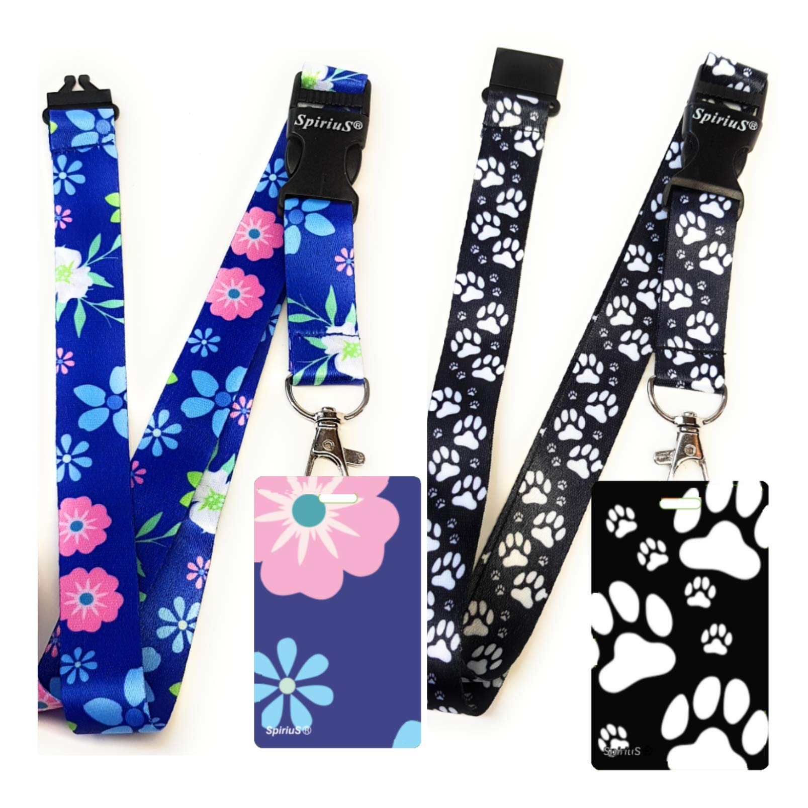 2 x SpiriuS Lanyard Neck Strap with Unique Soft PVC Badge Holder, Two-Sided Printed Can Hold ID Keys mp3 USB Set of 2 Items (Pink Flowers + Animal Foots)