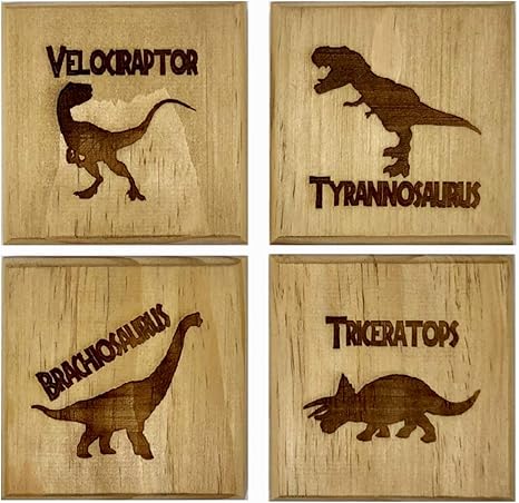 Amazon Com Jurassic Dinosaurs Drink Coasters By Brindle Designs Permanent Engraved Real Wood Coaster Set Dinosaur Gift For Adult Tyrannosaurus Brachiosaurus Velociraptor Triceratops Kitchen Dining