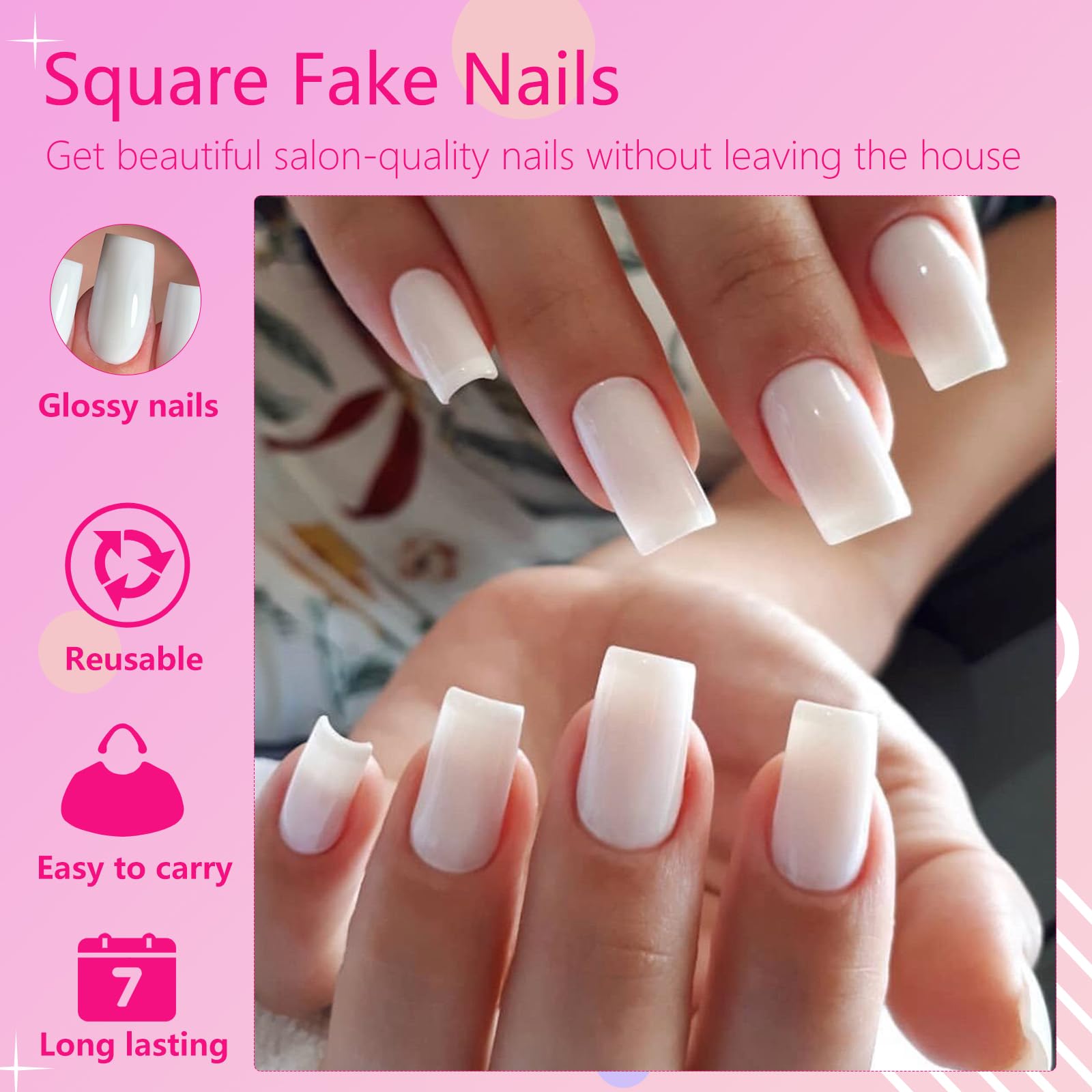 AddFavor 240pcs White Press on Nails Medium Square Fake Nails, Glossy Acrylic Press on Nails Gel False Nails with Adhesive Stick for women - Image 2
