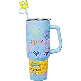 Silver Buffalo Spongebob Squarepants Jellyfishing in Bikini Bottom Double Walled Stainless Steel Tumbler with Handle, Straw, and Straw Cap, Fits in Standard Cup Holder, 40 Ounces