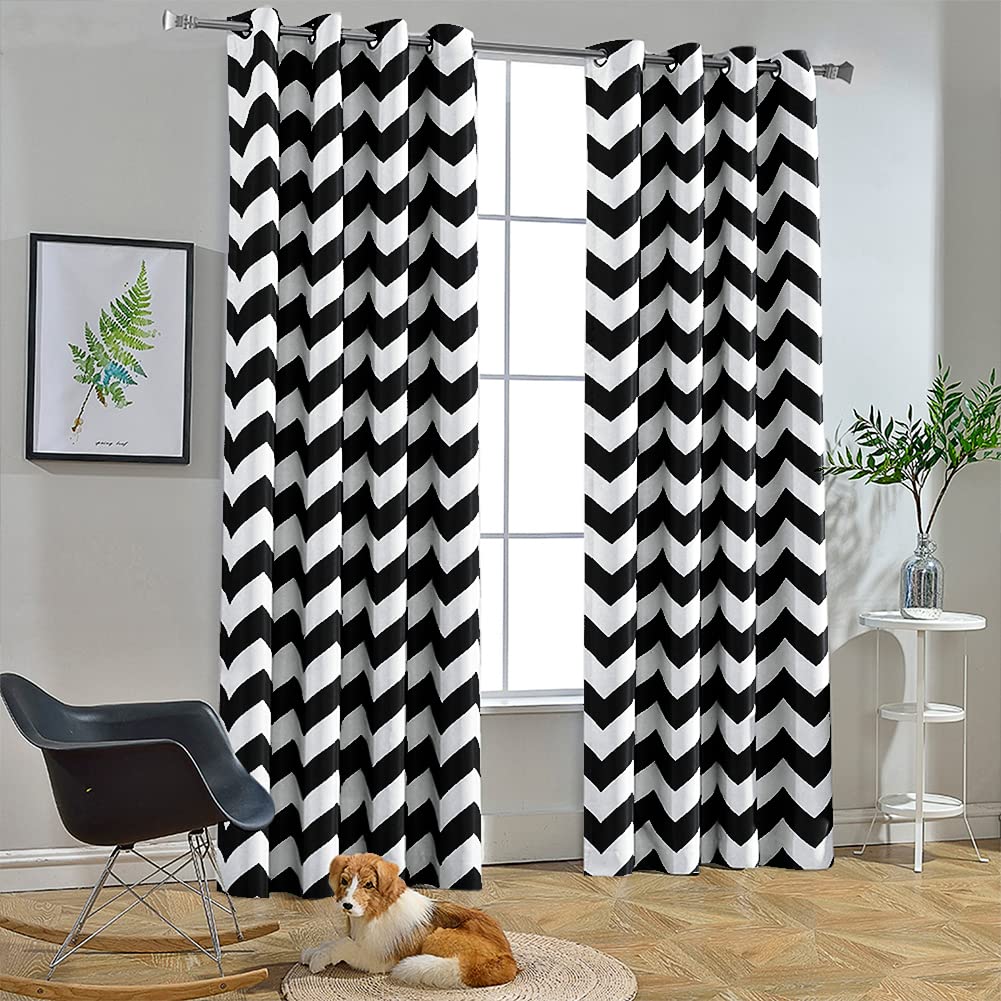 Melodieux Fashion Chevron Curtains for Living Room Dining Room, Darkening Grommet Top Window Drapes Soundproof Thermal Insulated for Bedroom, 84 Inches Long, 52 by 84 Inch, Black and White(1 Panel)