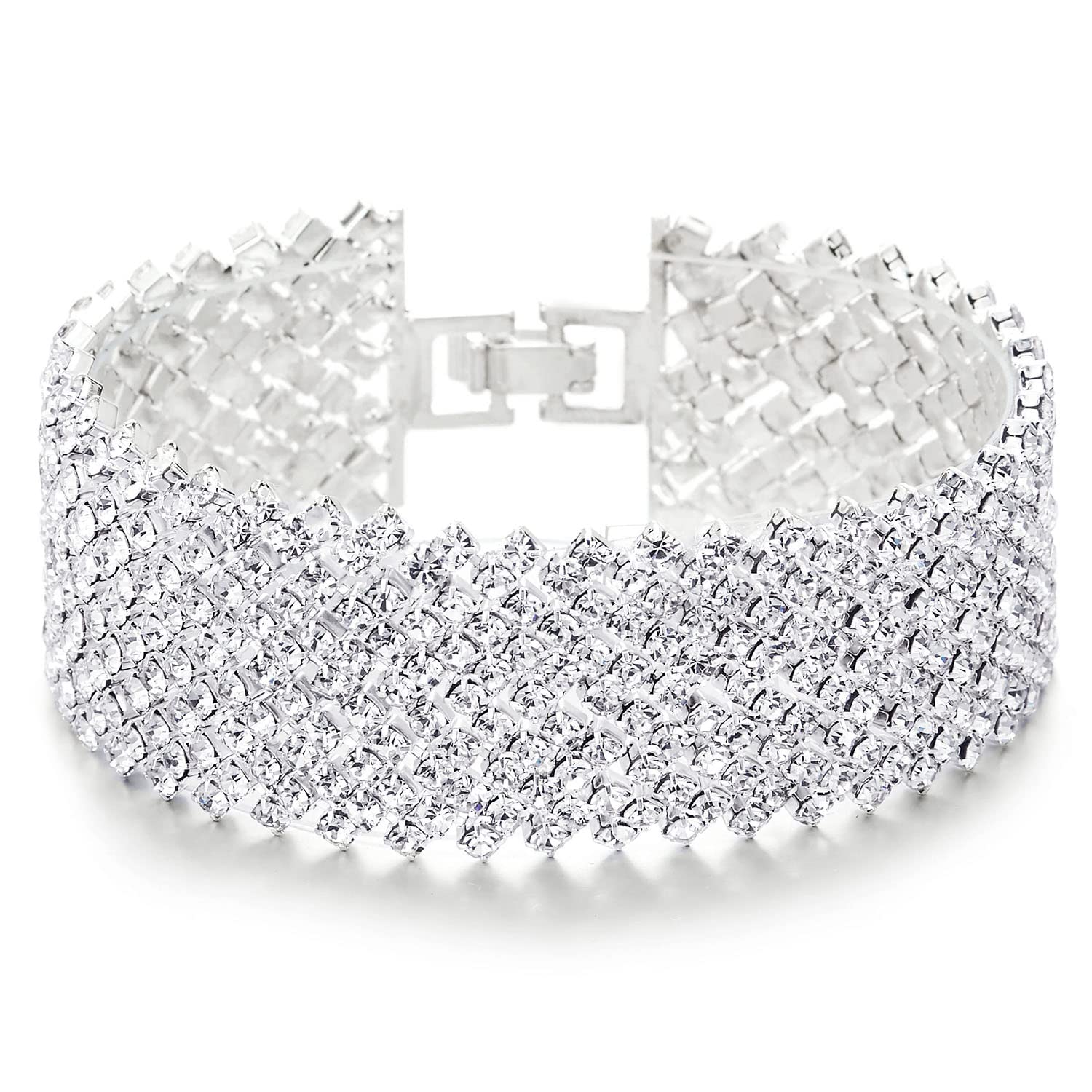 COOLSTEELANDBEYOND Sparkling Womens Rhinestones Pave Cluster Wide Bangle Bracelet, Bling Bling