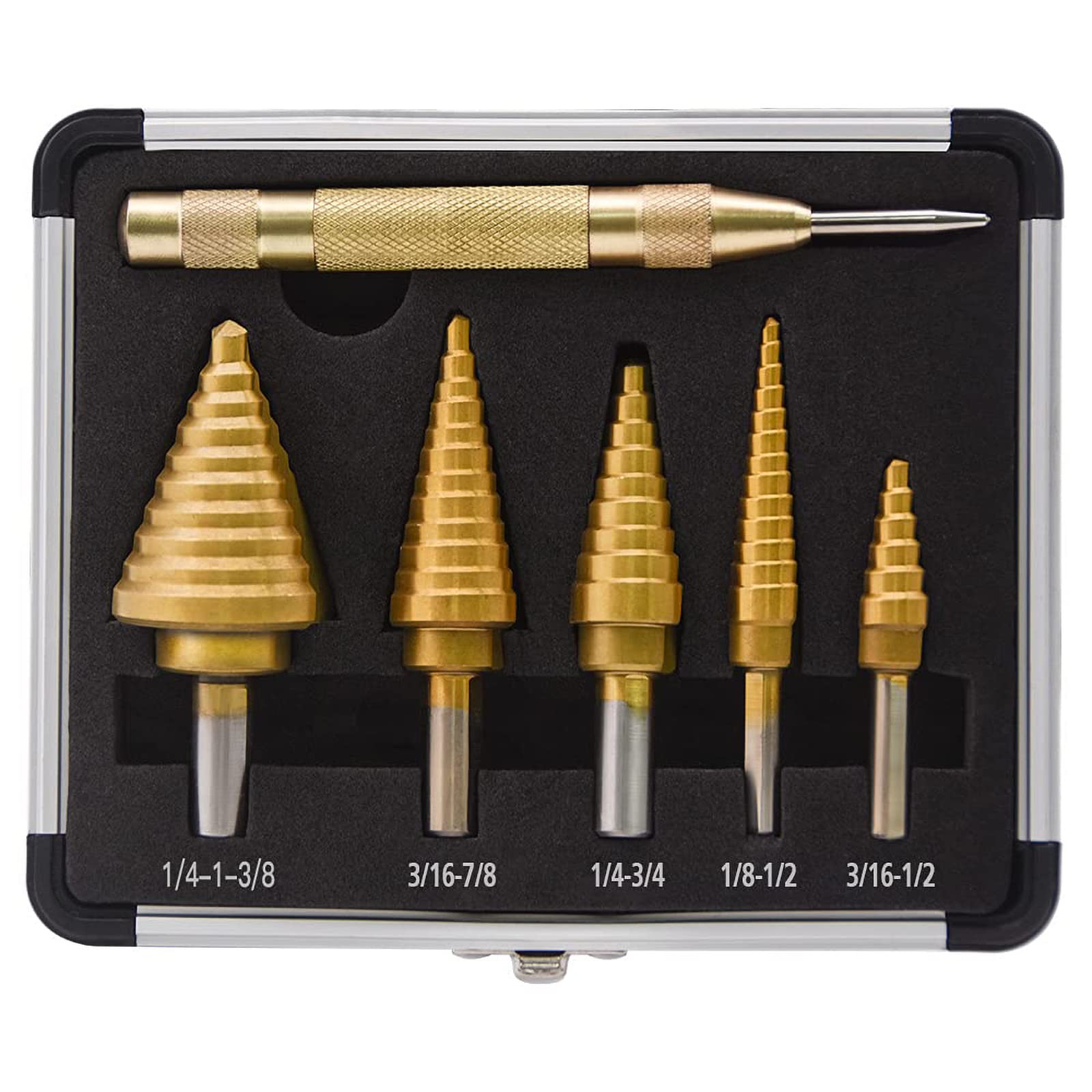 Step Drill Bit Set with Automatic Center Punch,HSS High Speed Steel Titanium Coated Home Improvement Workshop Industrial 6 Pcs Sets