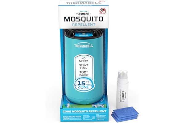Thermacell Patio Shield Mosquito Repeller, Blue; Highly Effective Mosquito Repellent for Patio; No Candles or Flames, DEET-Free, Scent-Free, Bug Spray Alternative; Includes 12-Hour Refill