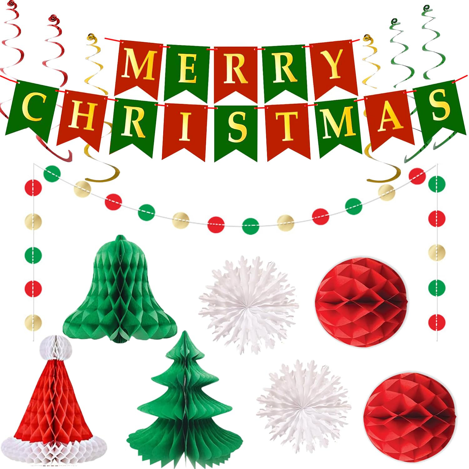 MOLHEM Christmas Decorations Set,Paper Christmas Decorations,Reusable Merry Xmas Paper Banner Indoor Decoration for Home, Indoor Vintage Honeycomb Xmas Room Decor