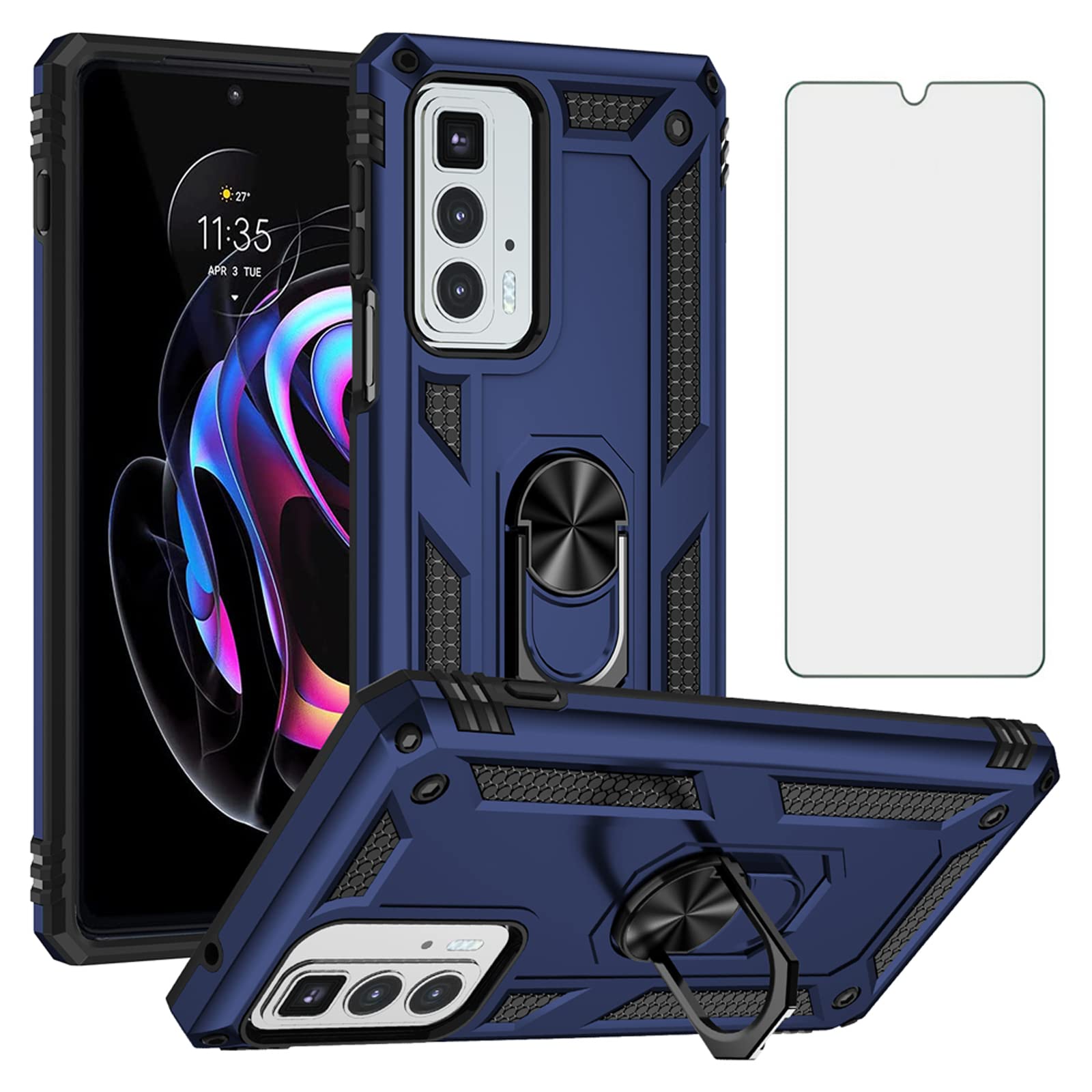 Asuwish Compatible with Motorola Edge 20 Pro 5G Case with Tempered Glass Screen Protector and Stand Ring Holder Magnetic Cell Accessories Phone Cover for Moto Edge20Pro XT2153-1 Women Men Blue
