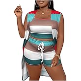 SHENHE Women's Plus Size 3 Piece Outfits Colorblock Striped Tank Top and Shorts Set with Cardigan Green 1XL