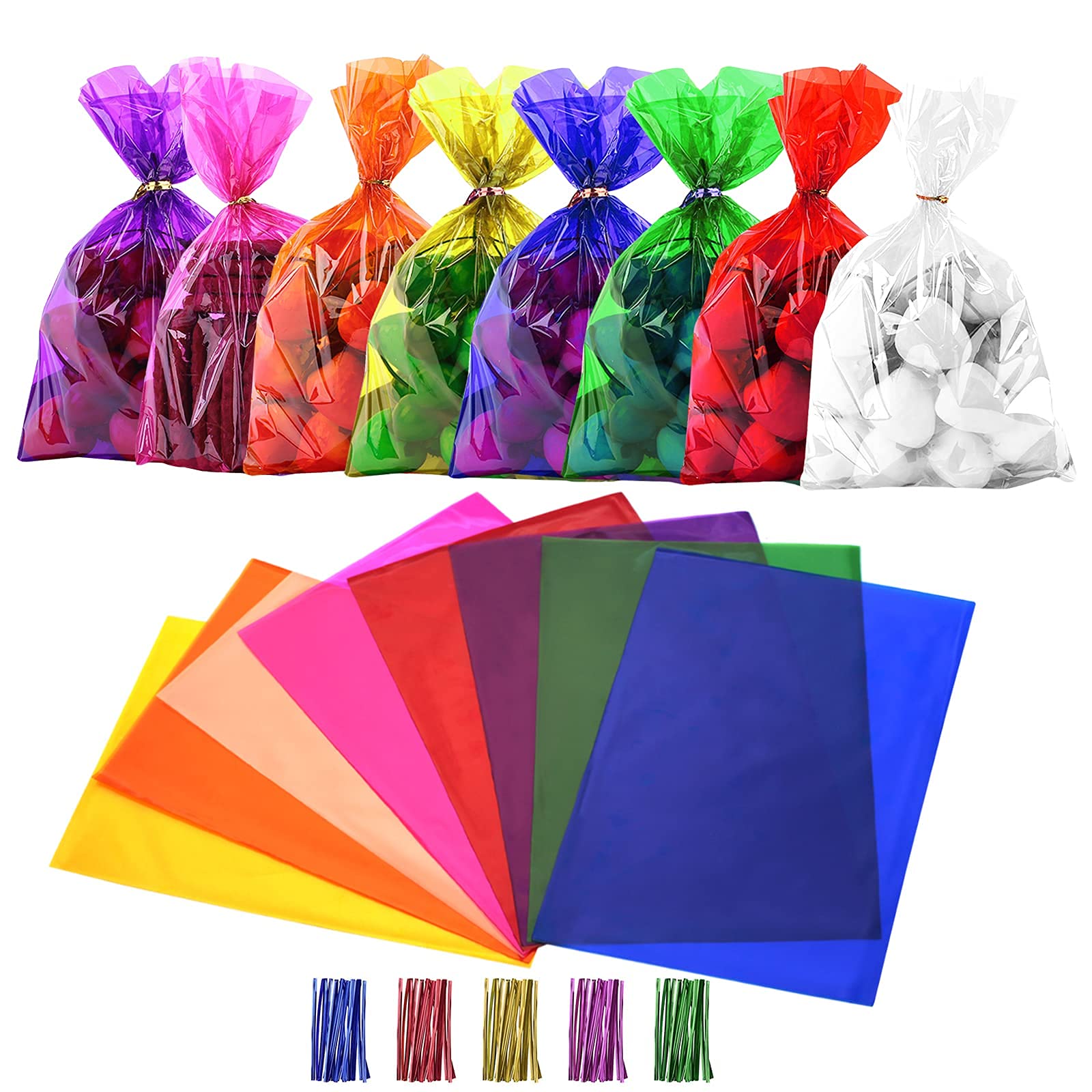 Cinvo 160 Pcs Colored Cellophane Bags with Twist Ties Cello Treat Bags Colorful for Bakery Popcorn Cookies Candy Dessert Treats Party Halloween Christmas Supplies (8 Colors, 6X 9 Inch)