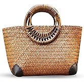 QTKJ Summer Beach Bag, Boho Handmade Rattan Handbag, Round Bamboo Handle, Large Straw Retro patternTote Bag for Beach Vacation Daily(Khaki)