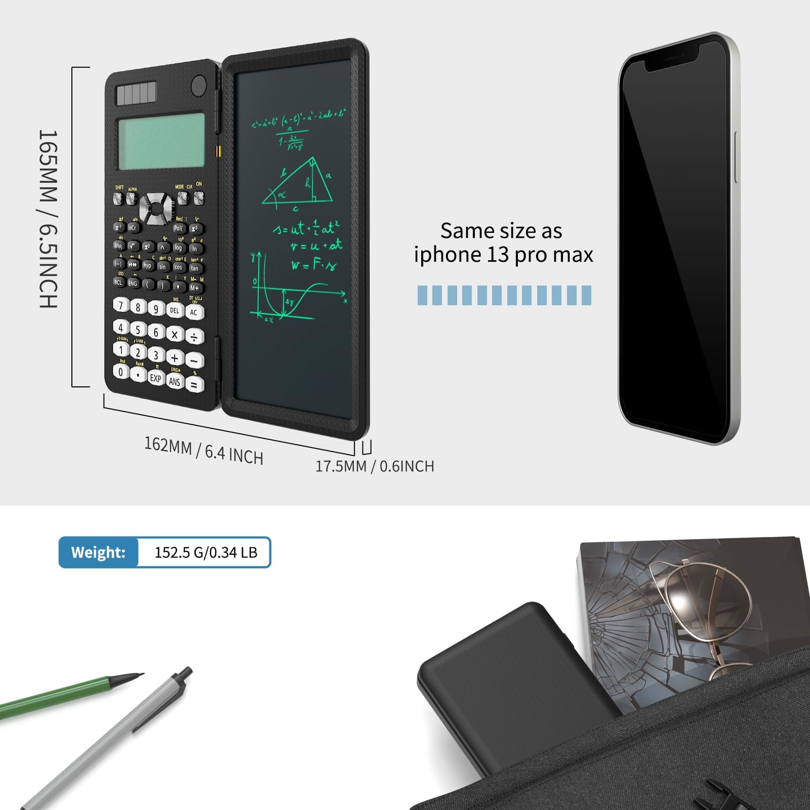 Scientific Calculator for Students with Notepad, ROATEE Middle and High School Supplies for Students, 82 MS Foldable 2-Line Display Science Calculator with Writing Tablet, Solar and Battery Powered