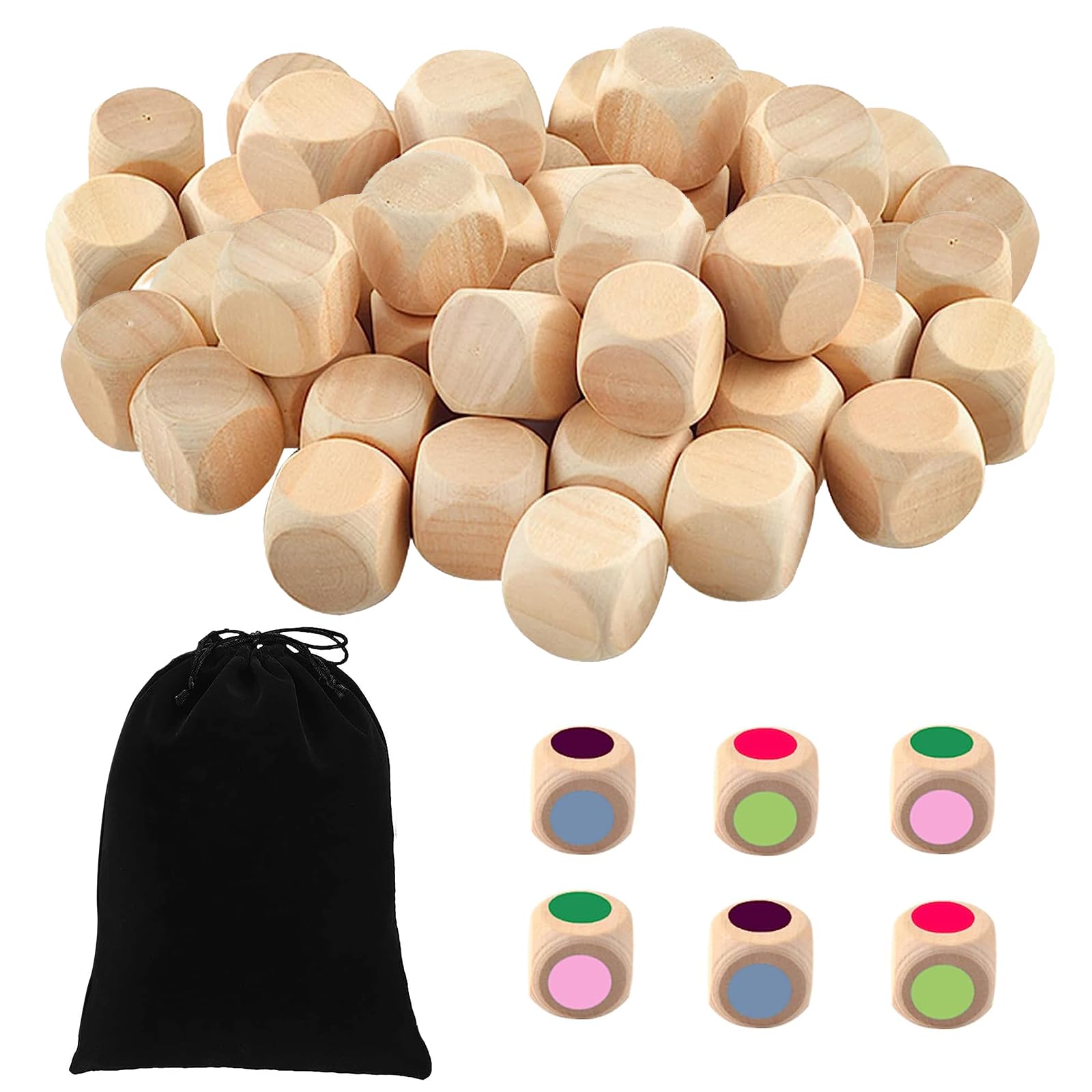 XoeLLe 50Pcs Blank Wooden Dice - 20mm Unpainted DIY Dice for Art & Crafts, Puzzles, Games