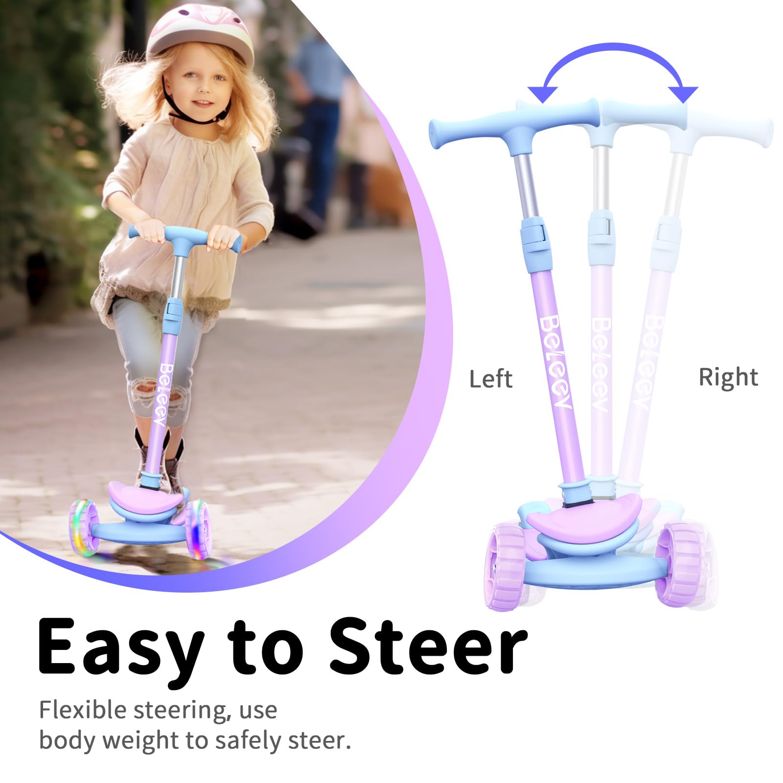BELEEV A8 Scooter for Kids Ages 3-12, 3 Wheel Folding Scooter for Toddlers Girls Boys, LED Light-Up Wheels, 4 Adjustable Height, Lean to Steer, Extra Wide Wheels, Three Wheel Kick Scooter for Children