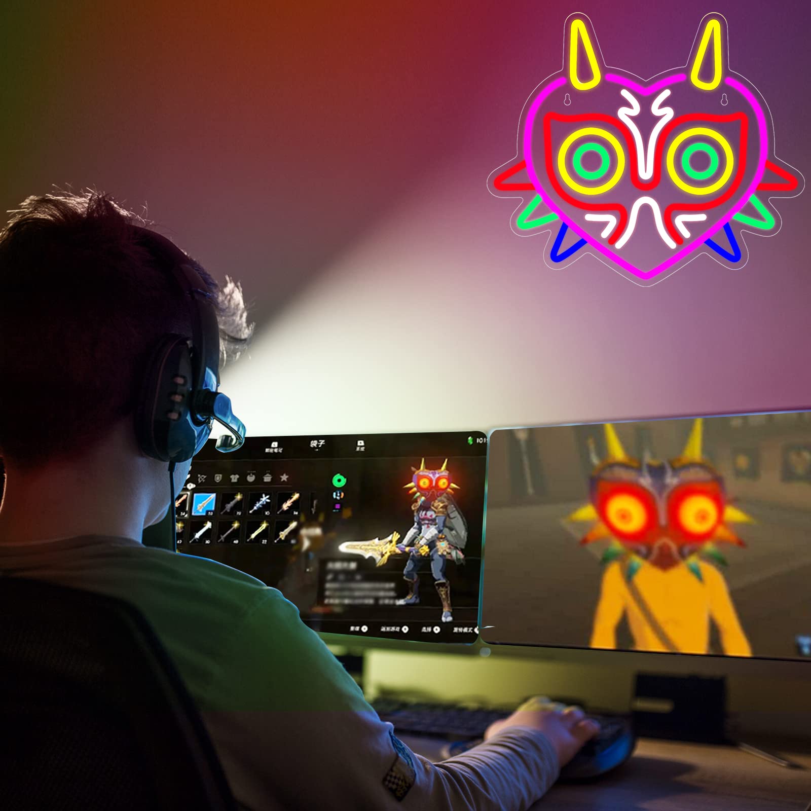 Majora's Mask Neon Sign, Zelda Gaming Neon Sign for Game Room Decor, Zelda Mask for Boys Room Decor & Gaming Wall Deocr, USB Powered Gamer Gifts for Boys, Teens and Zelda Fans