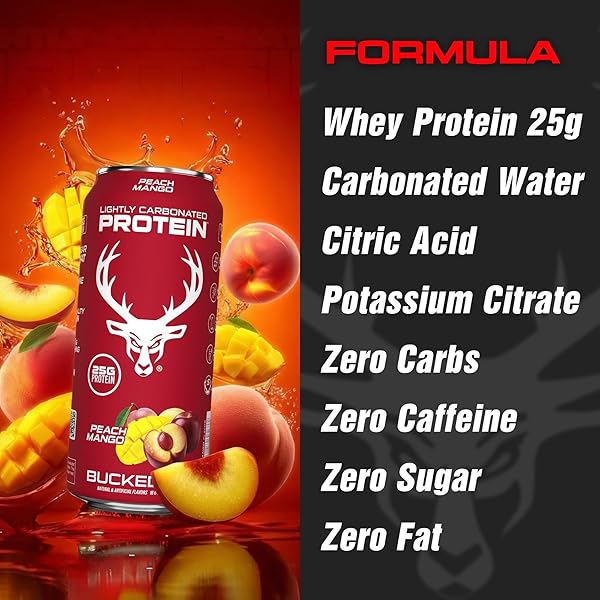 BUCKED UP LIGHTLY CARBONATED PROTEIN SODA | 25G WHEY ISOLATE – ZERO SUGAR, LOW CALORIE, CAFFEINE FREE, CLEAN DRINK | SPARKLING PROTEIN SODA – 12 PACK, 16 OZ CANS (PEACH MANGO)
