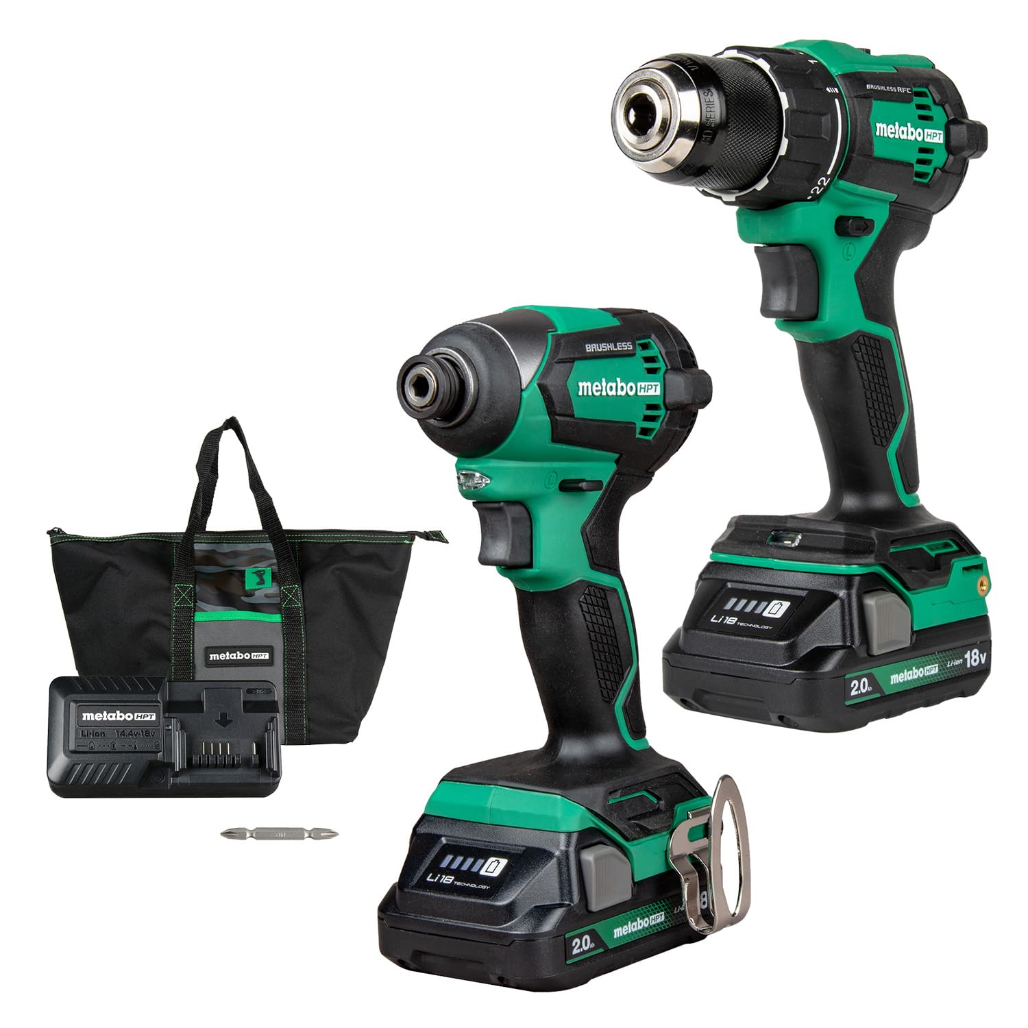 Metabo HPT Kit combinado de taladro y destornillador de impacto inalámbrico multivoltaje de 18 V, kit de herramientas eléctricas, 2 baterías Metabo HPT de iones de litio y cargador, alto par, diseño compacto y liviano, KC18DEXQB