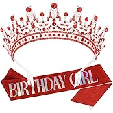 AOPRIE Birthday Girl Sash for Women Guardian Soldiers Birthday Crown for Women Birthday Tiara for Women Birthday Girl Headband Princess Crown Rhinestone Happy Birthday Accessories Red