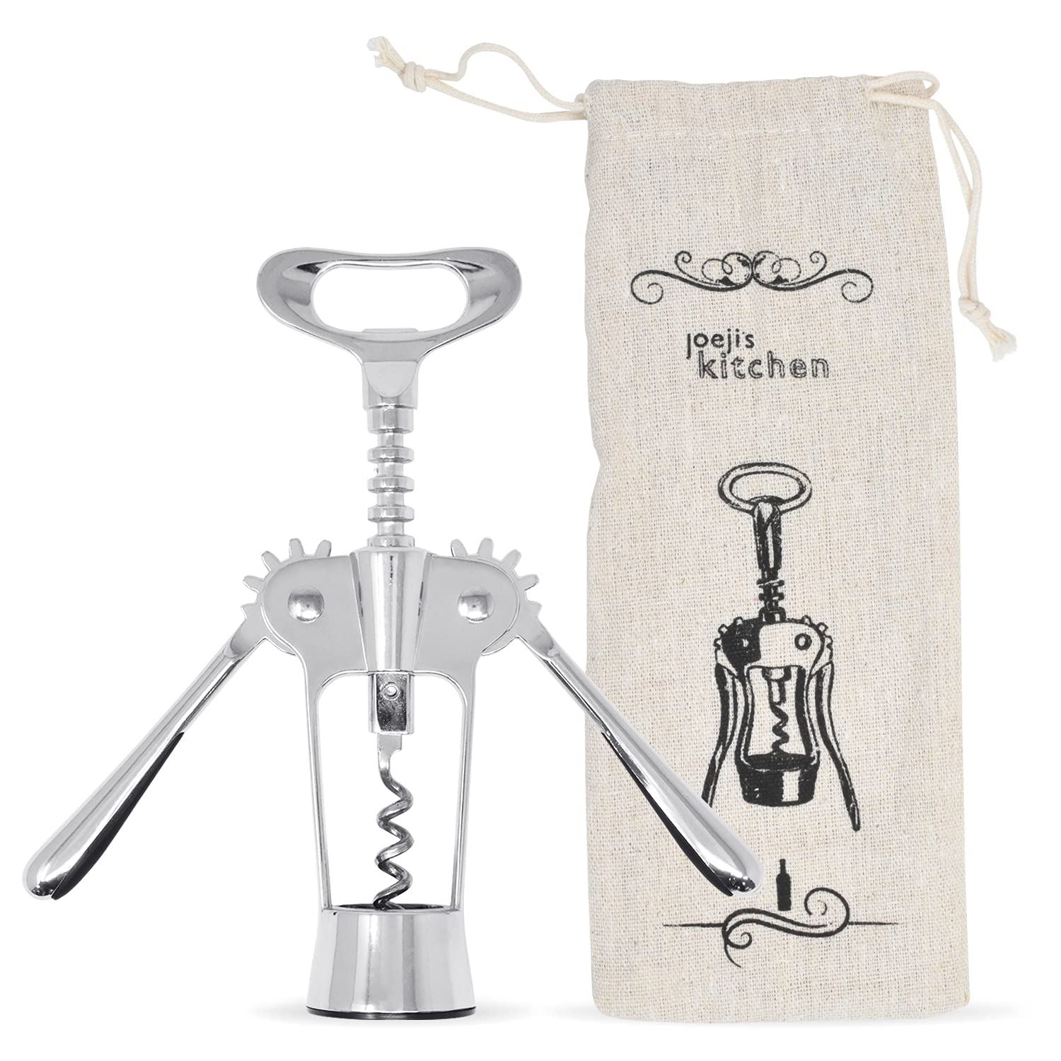 ﻿Joejis Corkscrew Bottle Opener - Wine Cork Screw Wing - Remove Beer Olive Oil Multifunctional Corks and Caps - Deluxe Storage Bag - Chrome