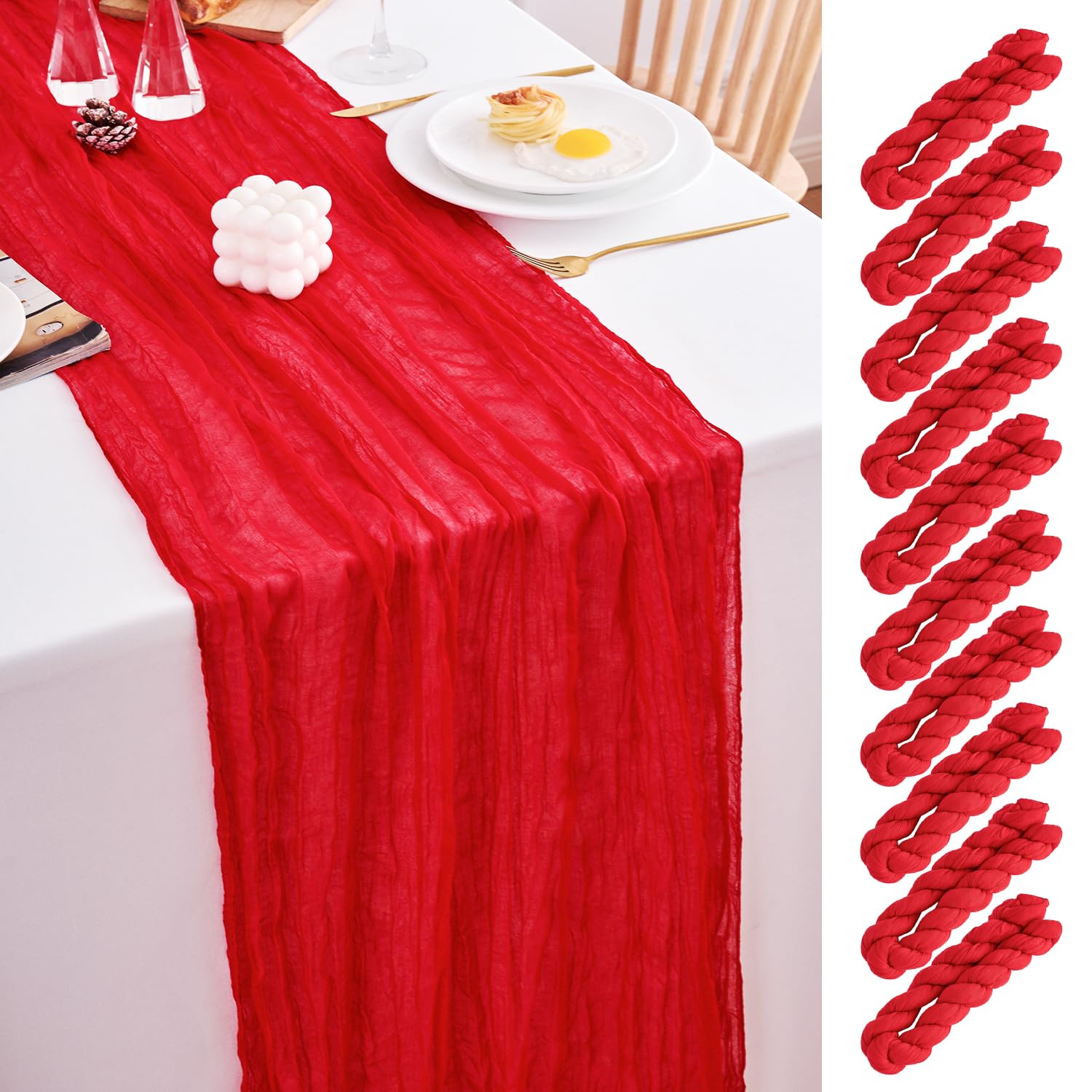 Photo 1 of 10 Pack Red Table Runner 21x120 Inch Red Cheesecloth Table Runner 10FT Boho Gauze Table Runner Long Cheese Cloth Table Runner Semi Sheer Runners for Wedding Bridal Baby Shower Party