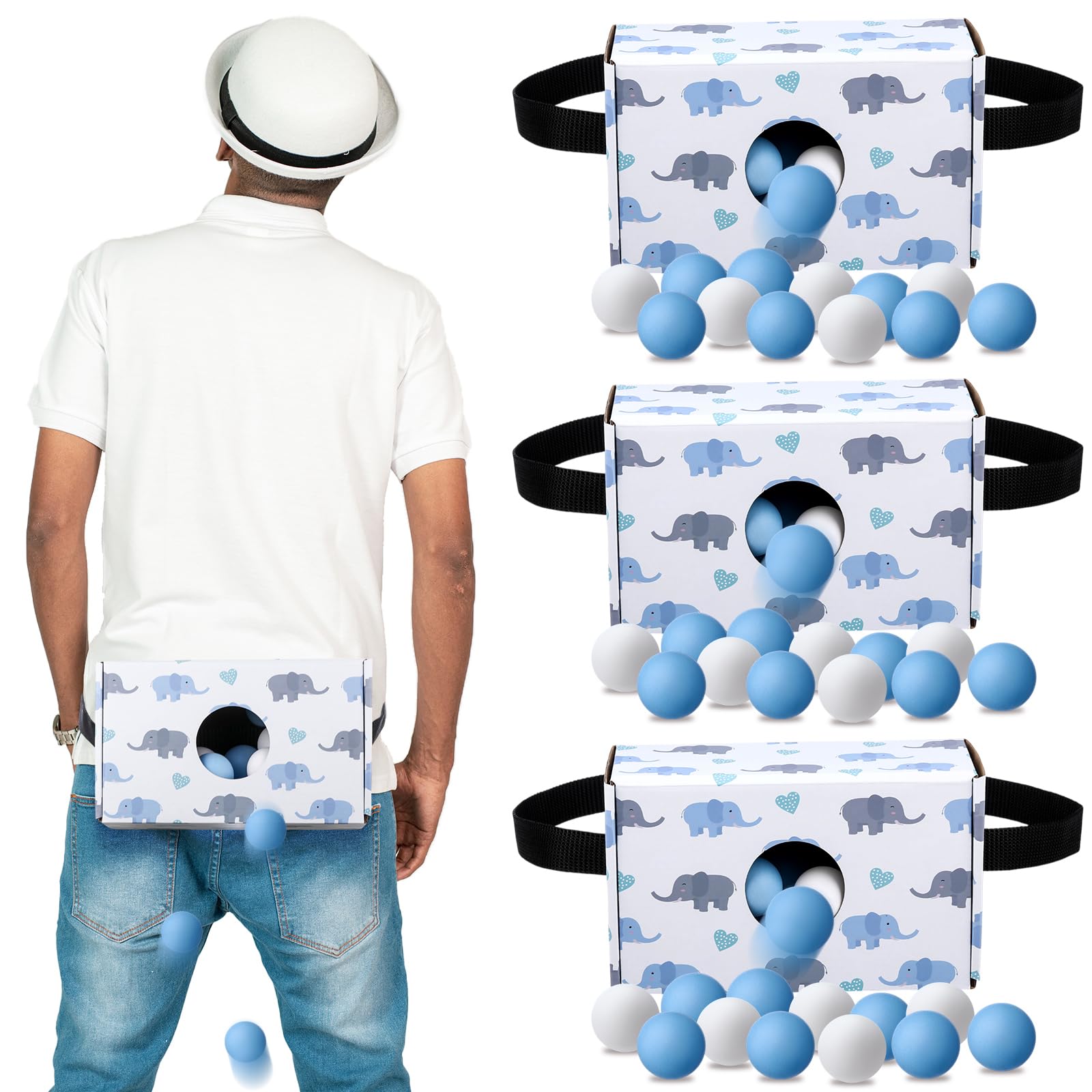 Photo 1 of HappyAlley 4 Sets Baby Shower Shaking Swing Balls Game Set Included 4 Shake Box and 4 Belts with 80 Balls Funny Activities Baby Shower Party Twerk Games for Family Outdoors Indoors(Blue,Elephant)