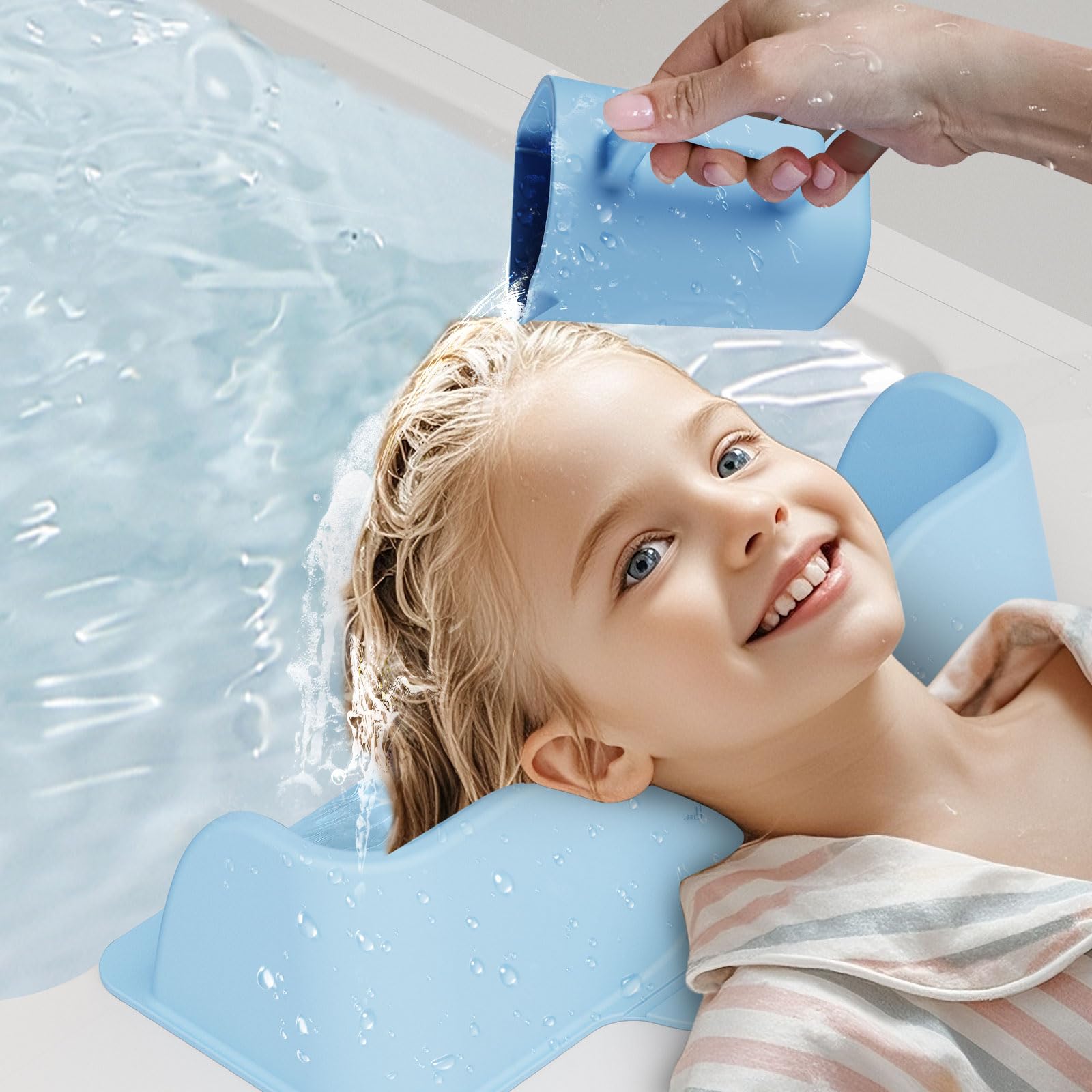 Photo 1 of Silicone Portable Hair Wash Station for Kids, Hair Washing Basin with Rinse Cup for Children, Toddlers and Teens on Bathtub or Sink, Tear-Free Shampoo Bowl for Children (Blue)