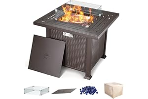 Cecarol 32 in Outdoor Propane Gas Fire Pit Table Electronic Pulse Ignition with Glass Wind Guard, Glass Rock, Waterproof Cover, 50,000 BTU CSA Certification for Outside Garden Patio Party (Brown)